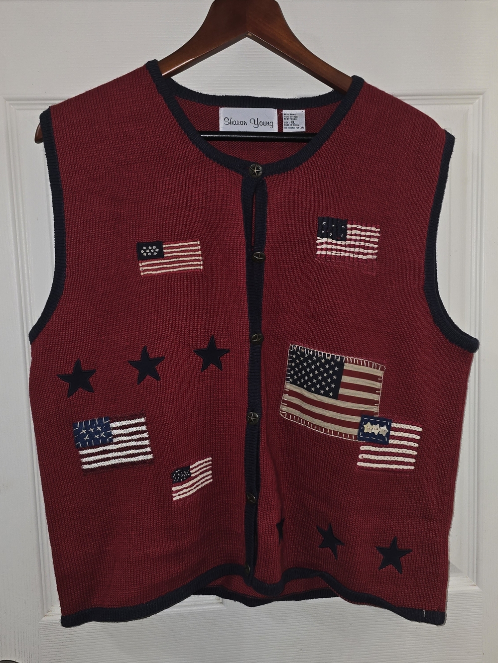 Vintage Sharon Young Patriotic USA Flag Sweater Vest XL